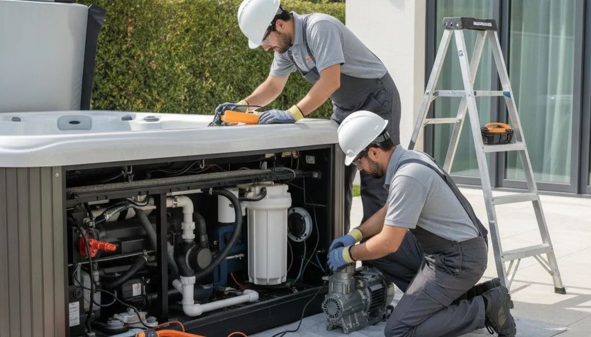Spa repair technician servicing Chandler, AZ home spa system for plumbing-repair maintenance